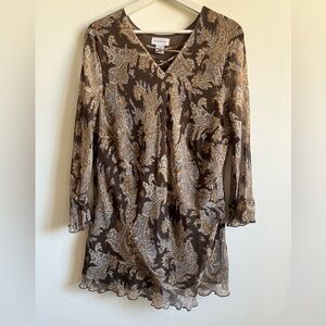 Avenue Blouse Tunic Top 100% Silk Plus Size 18/20 (1X) Brown Paisley Lined